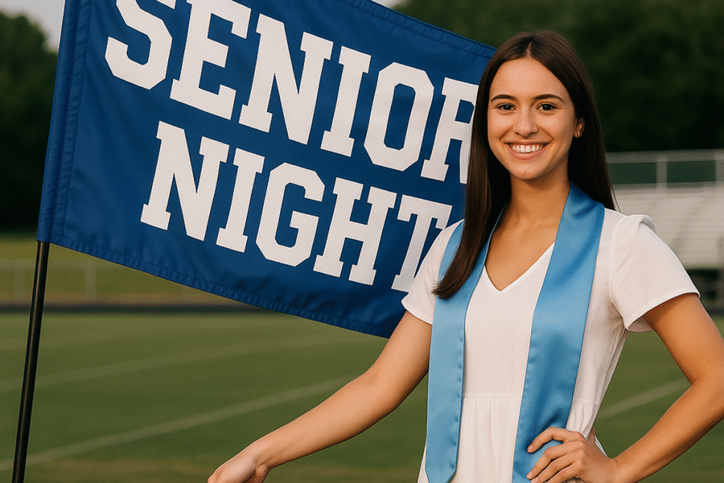 image features a young woman smiling and standing in front of a blue flag with white lettering that reads "SENIOR NIGHT."