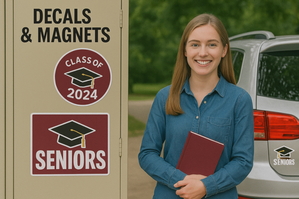 image displays a young woman standing next to a cabinet or locker adorned with graduation-themed decals and magnets, with a car visible in the background